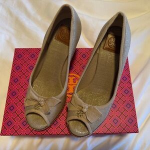 Tory Burch Beige Wedge Peep-Toe Flats